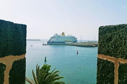A view towards Spirit of Adventure from Arrecife, on the island of Lanzarote, Canary Islands